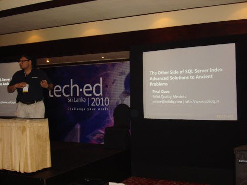 Pinal Dave presenting the index session at TechEd Sri Lanka, with the session title on the screen
